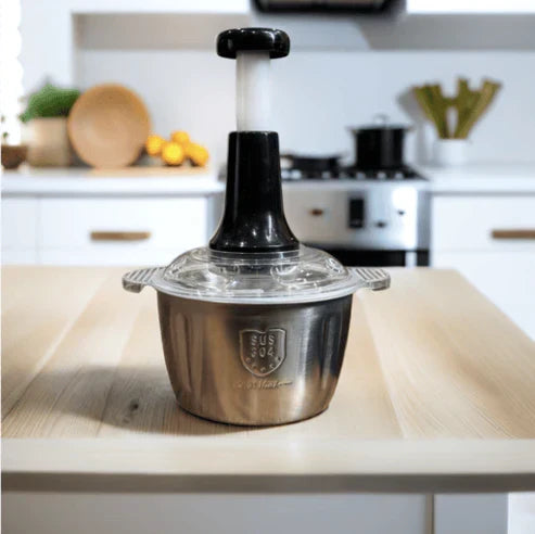 2L Manual Food Chopper with Stainless Steel Bowl | Hand Push Vegetable & Meat Chopper | 4 Curved Stainless Steel Blades | Multi-Purpose Kitchen Food Processor