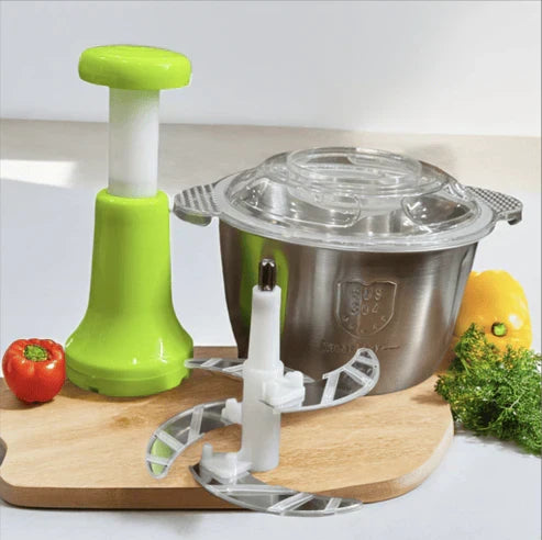 2L Manual Food Chopper with Stainless Steel Bowl | Hand Push Vegetable & Meat Chopper | 4 Curved Stainless Steel Blades | Multi-Purpose Kitchen Food Processor