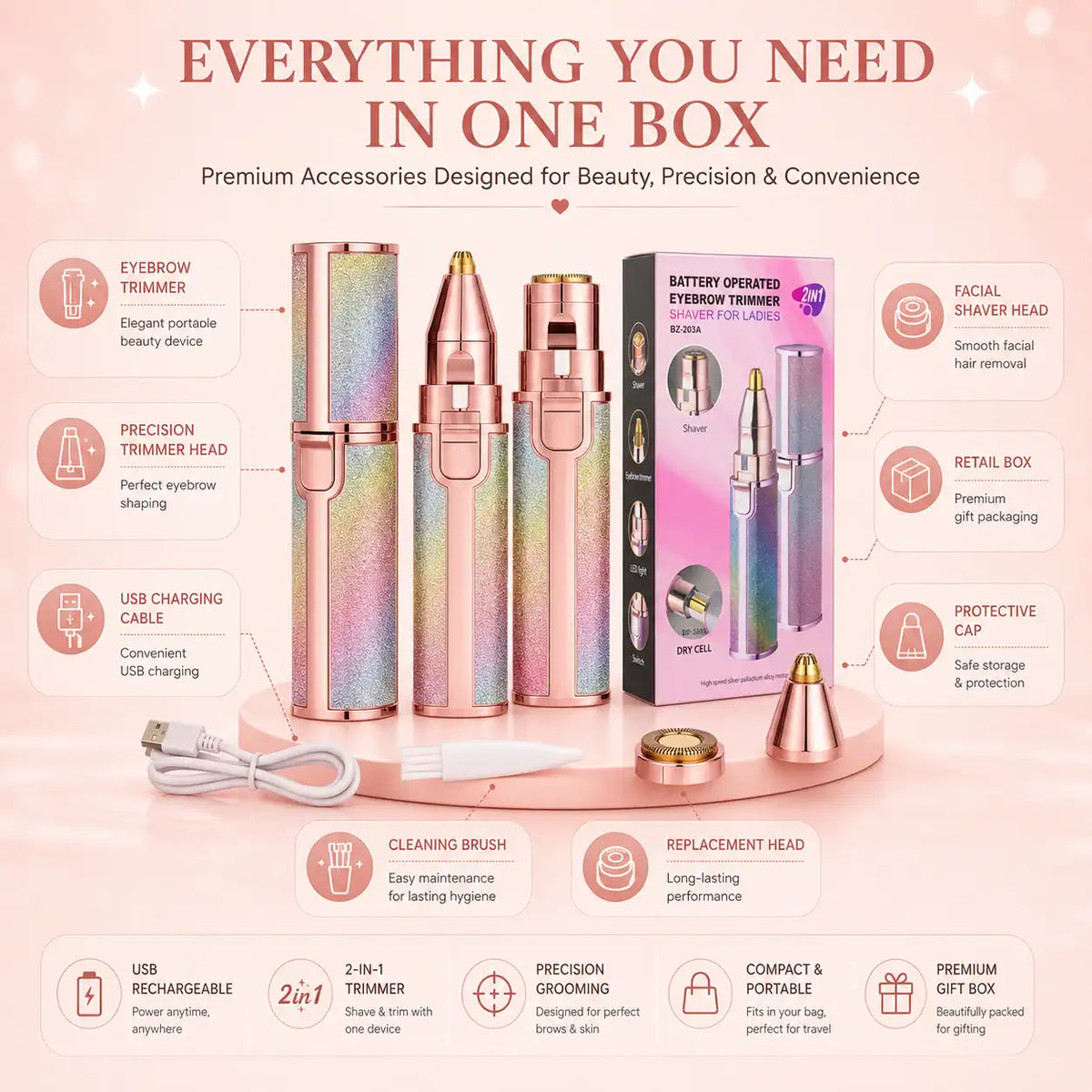 2 in 1 Rechargeable Eyebrow Trimmer for Women Facial Hair Remover